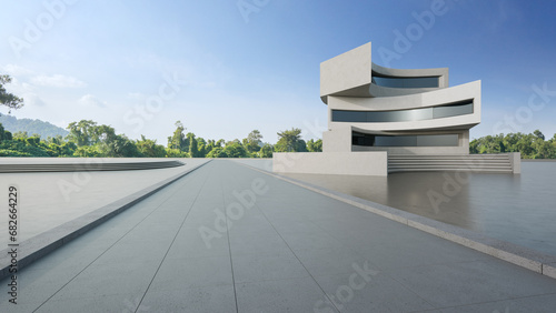 Abstract architecture design of modern building. Empty parking area concrete floor with blue sky. 3D rendering background image for car scene.