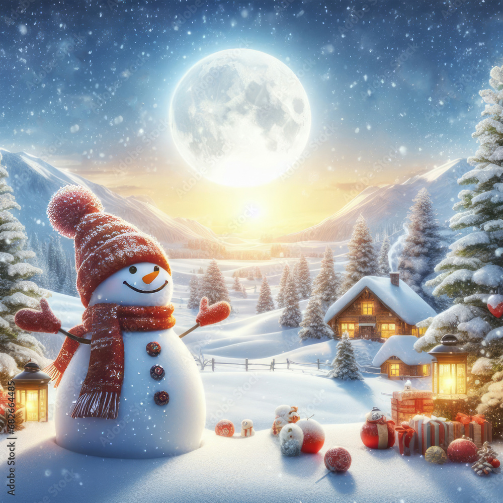Obraz premium Panoramic view of happy snowman in winter scenery