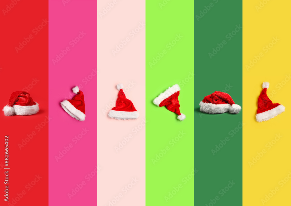 Set of many Santa hats on colorful background Set of many Santa hats on colorful background