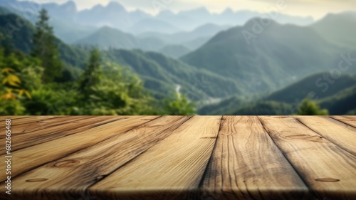 The empty wooden brown table top with blur background of trekking path. Exuberant image. generative AI