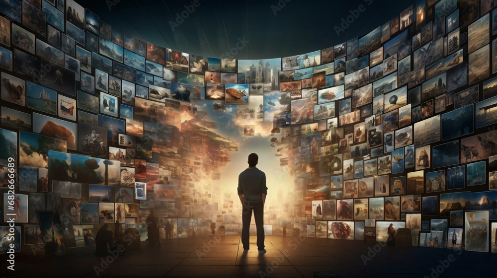 a person looking at a wall of pictures a person looking at a wall of pictures