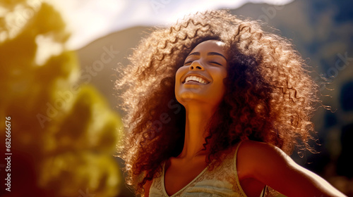 YOUNG AFRICAN AMERICAN WOMAN ENJOYING THE FEELING OF FREEDOM IN NATURE ON A SUNNY DAY. legal AI 