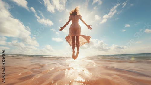a man jumping on a beach photo