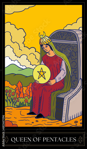 Tarot Card Illustration isolated on white background. queen of pentacles