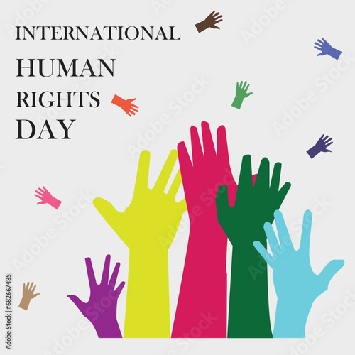 Human right day.International peace. Different skin colors hands raised on banner and poster.  Equality awareness icon symbol. Cartoon flat on different background.Vector illustration eps file.