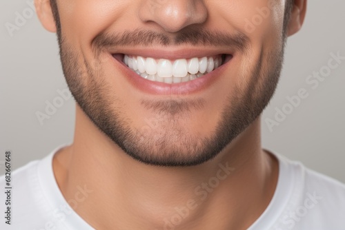  Closeup male model face with clean dental, fresh breath and happy tooth photo