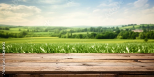 The empty wooden brown table top with blur background of farmland and blue sky. Exuberant image. generative ai photo