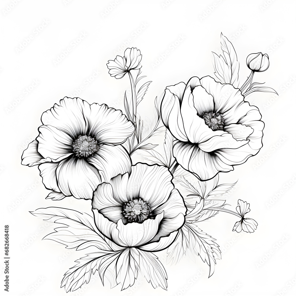 Flower Line Art on white background.