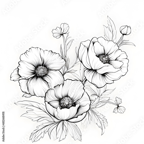 Flower Line Art on white background.