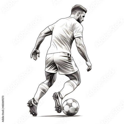 Soccer player line art, Soccer player line art with ball in action, on white background.
