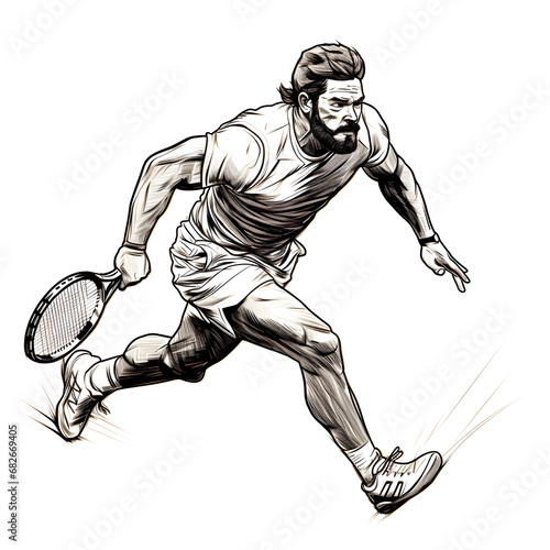 Tennis player line art, Tennis player in action, on white background.