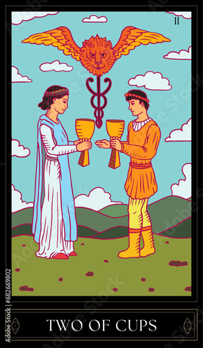 Tarot Card Illustration isolated on white background. two of cups