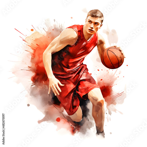 Watercolor red basketball player in action on white background.