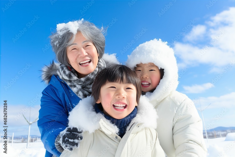 冬の青空の下で雪遊びをする日本人の祖父母と孫（雪景色・ 笑顔・家族）