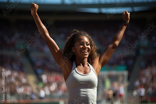 Fitness, runner winner or black woman at finish line for victory, celebration or sport exercise at stadium photo