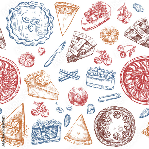 Seamless pattern of hand-drawn traditional cakes, tarts and pies in sketch style. Sweet bakery, fruit, berries. Top view. Thanksgiving, Christmas.