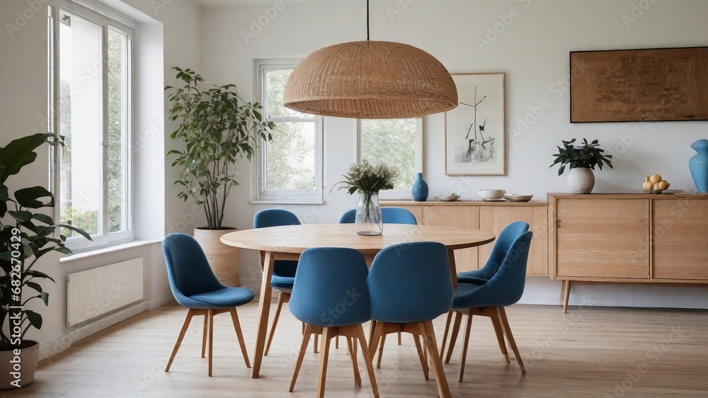 Modern Comfort: Round Wooden Dining Table with Blue Chairs in a Stylish Scandinavian Mid-century Dining Room - Elegant Interior Design Modern Comfort: Round Wooden Dining Table with Blue Chairs in a Stylish Scandinavian Mid-century Dining Room - Elegant Interior Design
