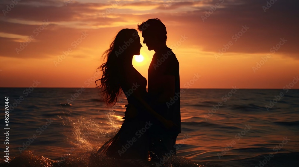 a man and woman kissing in front of the ocean
