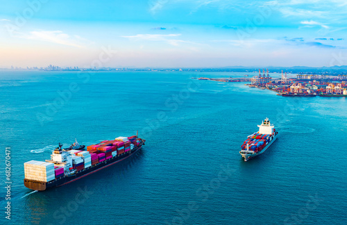Aerial view of the freight shipping transport system cargo ship container. international transportation Export-import business, logistics, transportation industry concepts photo