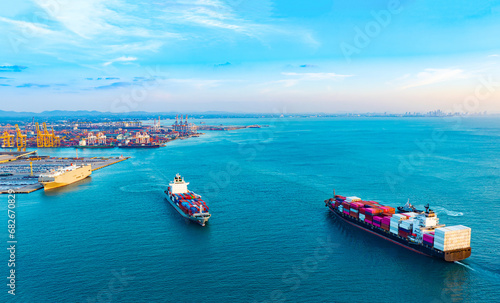 Aerial view of the freight shipping transport system cargo ship container. international transportation Export-import business, logistics, transportation industry concepts 