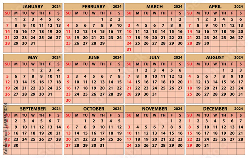 2024 calendar set. Color vector pocket calendar design. The week starts on Sunday. January, February, March, April, May, June, July, August, September, October, November, December