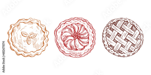 Hand-drawn vintage set of traditional cakes and pies sketch. Sweet bakery, fruit, berries, pumpkin. Top view. Vector collection of ink baking illustration. Food for Thanksgiving, Christmas.