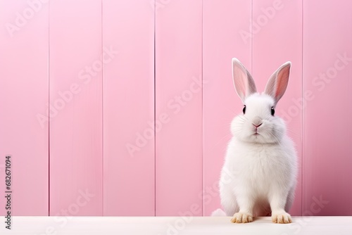 white rabbit on pink background with copy space