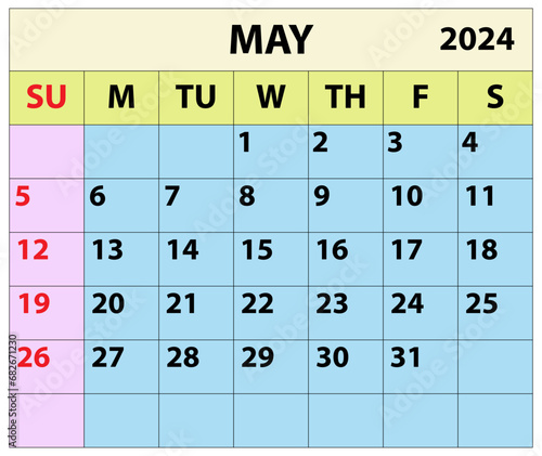 2024 May month calendar Color vector illustrator calendar design. 