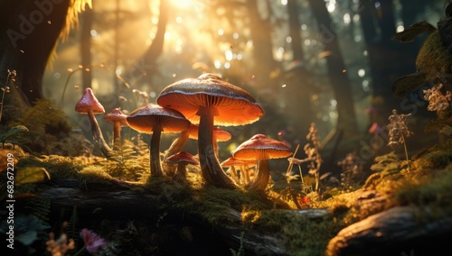 Enchanted Forest Floor: Mushrooms Basking in Golden Sunlight 