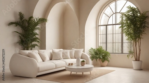 Minimalist Serenity: White Sofa, Potted Houseplants, and Arched Window in a Modern Living Room - Trendsetting Interior Design