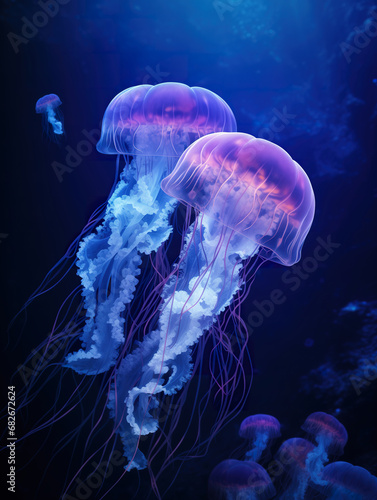 Two beautiful jellyfishes deep underwater