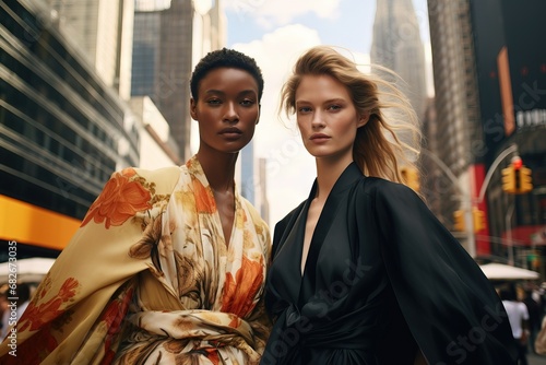 Fototapeta Naklejka Na Ścianę i Meble -  A model wearing a Claus Rose style low walking the streets of New York Generative AI