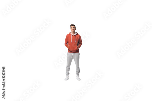 Handsome young man in red casual clothes on isolated transparent background.