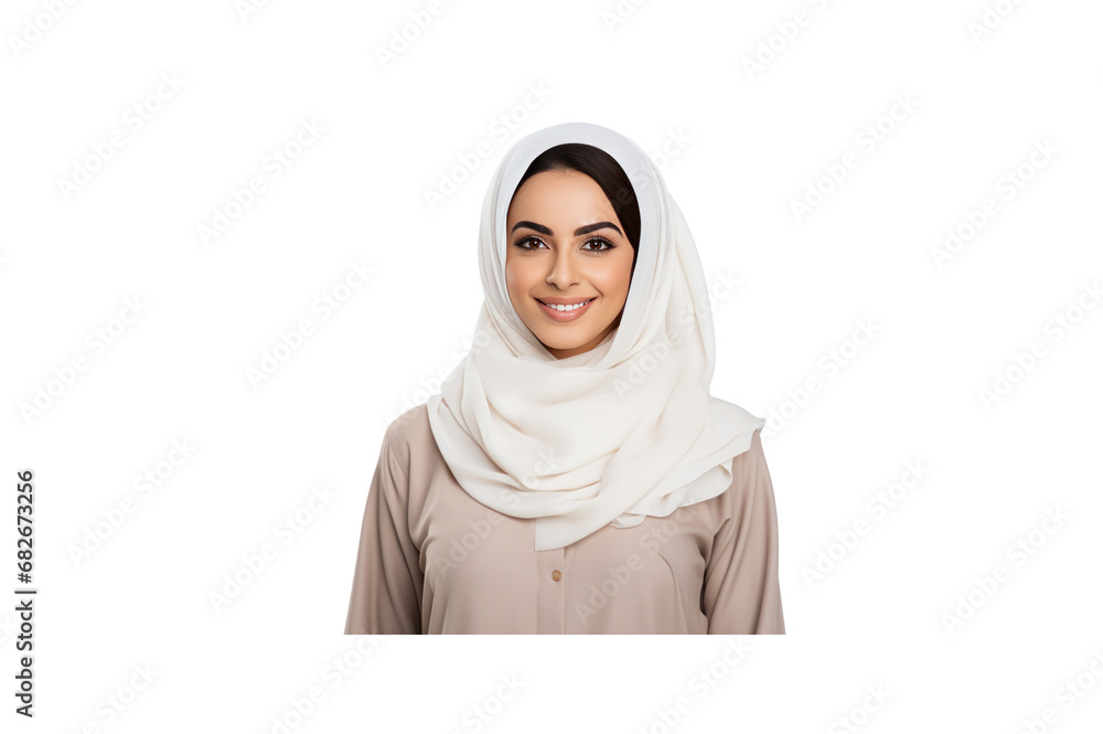 Young Emirati woman wearing traditional dress smiles and looks at the camera. - obrazy, fototapety, plakaty 