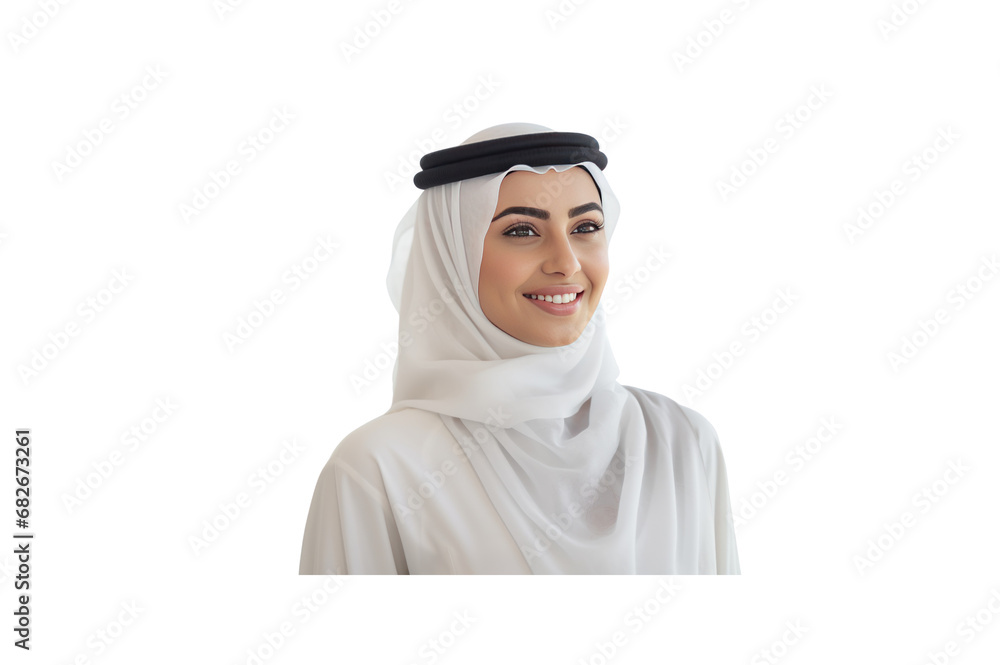 Young Emirati woman wearing traditional dress smiles and looks at the camera. Young Emirati woman wearing traditional dress smiles and looks at the camera.