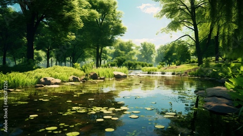 a pond with lily pads and trees photo