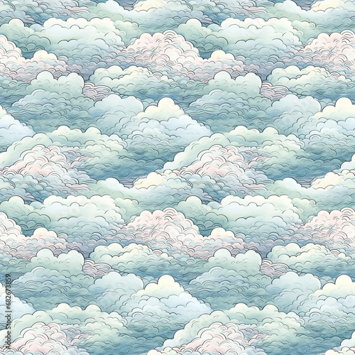 和風の雲の水彩イラスト　シームレス背景素材