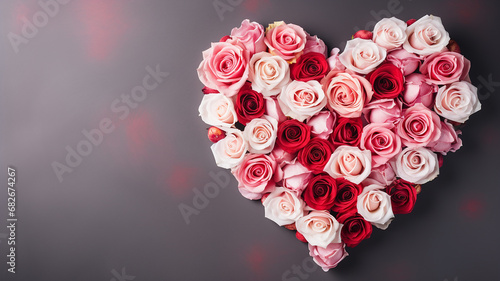 Heart shape made of red and pink roses on a dark background.