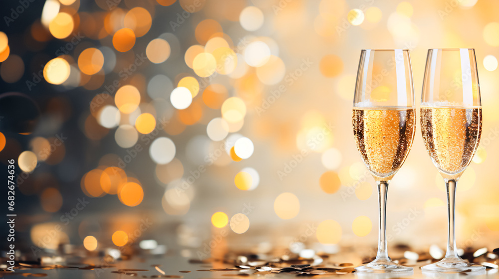 Two elegant glasses of champagne or sparkling wine Prosecco on festive sparkling background with lights and golden bokeh Two elegant glasses of champagne or sparkling wine Prosecco on festive sparkling background with lights and golden bokeh