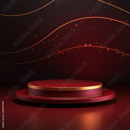 Abstract 3D black cylinder pedestal podium with golden glitter and wavy layers in circle window. Luxury dark minimal wall scene for product display presentation