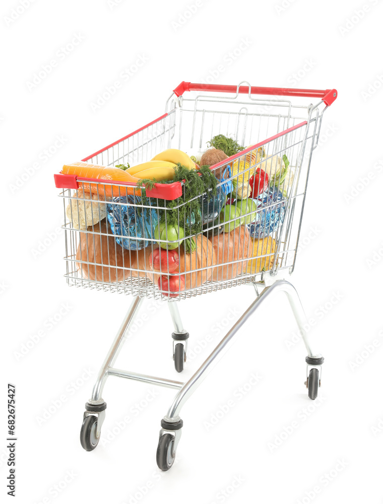 Shopping cart full of food isolated on white background
