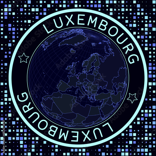 Luxembourg on globe vector. Futuristic satelite view of the world centered to Luxembourg. Geographical illustration with shape of country and squares background. Bright neon colors on dark background.