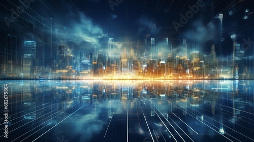 Futuristic tech city at night. Abstract science or technology background of quantum computing system and high speed global data transfer. Big data visualization. Horizontal image