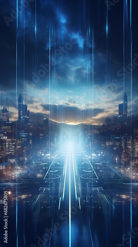 Futuristic tech city at night. Abstract science or technology background of quantum computing system and high speed global data transfer. Big data visualization. Vertical image