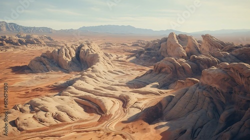 a desert landscape with mountains photo