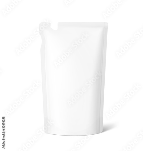 Pouch bag with torn curve corner. Vector illustration isolated on white background. Perfect for final pack shot. Can be use for refilling soap, liquids. The corner is easy to tear off by hand. EPS10.	