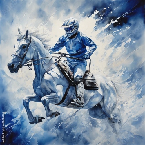 watercolor of extreme athlete riding a horse, blue and white contemporary art, intense, dynamic, stylized, detailed, high resolution