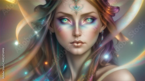 虹色の発光とオーラを纏う美女｜A beautiful woman with rainbow-colored luminescence and aura Generative AI photo