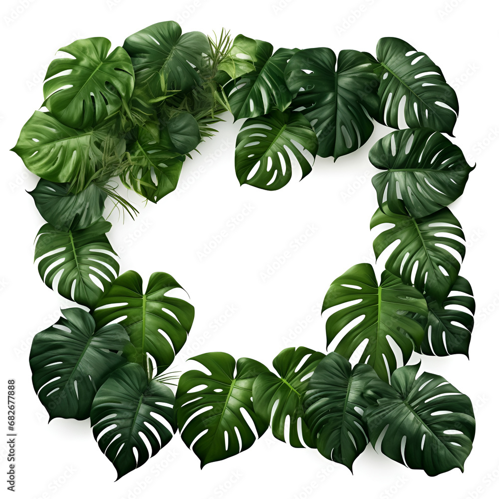 Frame with green leaves on white background, ai technology, Frame of green leaves, plants on a white background, Tropical green leaves frame floral plant monstera isolated background.

