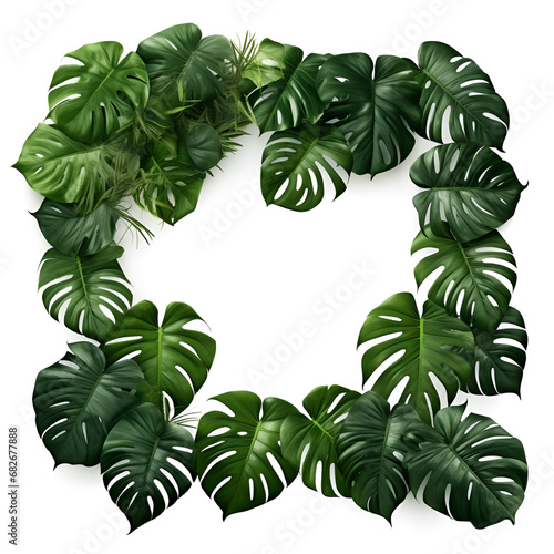 Frame with green leaves on white background  ai technology  Frame of green leaves  plants on a white background  Tropical green leaves frame floral plant monstera isolated background. 